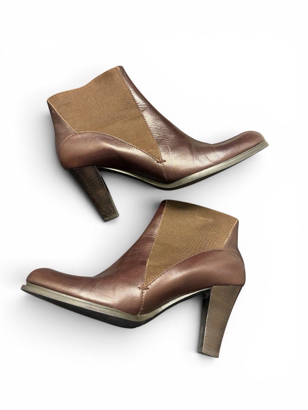 Franco Sarto Brown Leather Ankle Booties with Tan Elastic Panels